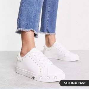 ASOS DESIGN Dollar faux pearl lace up sneakers in white